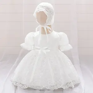 Baby Girl White Baptism Dress Floral Embroidery Mesh Dress Baby Girl Newborn Dress Baby Girl Summer Sweet Embroidery Mesh Ruffle Hem Dress