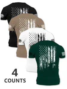 4 Counts Men's Tactical US Flag T-Shirt Pack - Distressed American Flag Graphic Short Sleeve Crewneck | Military Style Patriotic Basic Tees for Summer Outdoor & Everyday Durable Wear.