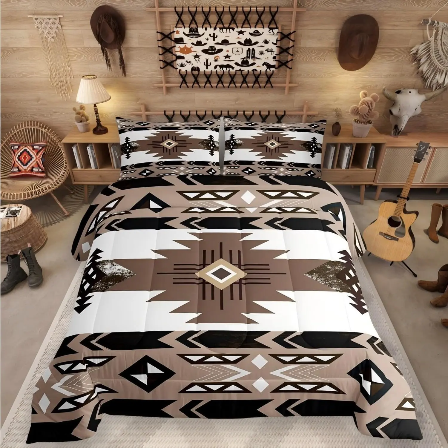 Feelyou Breathable Easy-Care Microfiber Comforter Set - Comfy Boho Bedding Set with Southwestern Bohemian Geometric Quilt, Ethnic Tribal Arrow, Western Diamond Triangle, Exotic Aztec Prints (Queen Size), Comfy Bedding Set, Boho Bed Set
