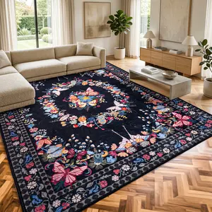 Rug for Living Room Rug for Bedroom, Butterfly Print Ultra Soft Faux Cashmere Vintage Carpet for Bedroom, Retro Upgrade Non-Slip Rug Home Decor & Modern Room Decor