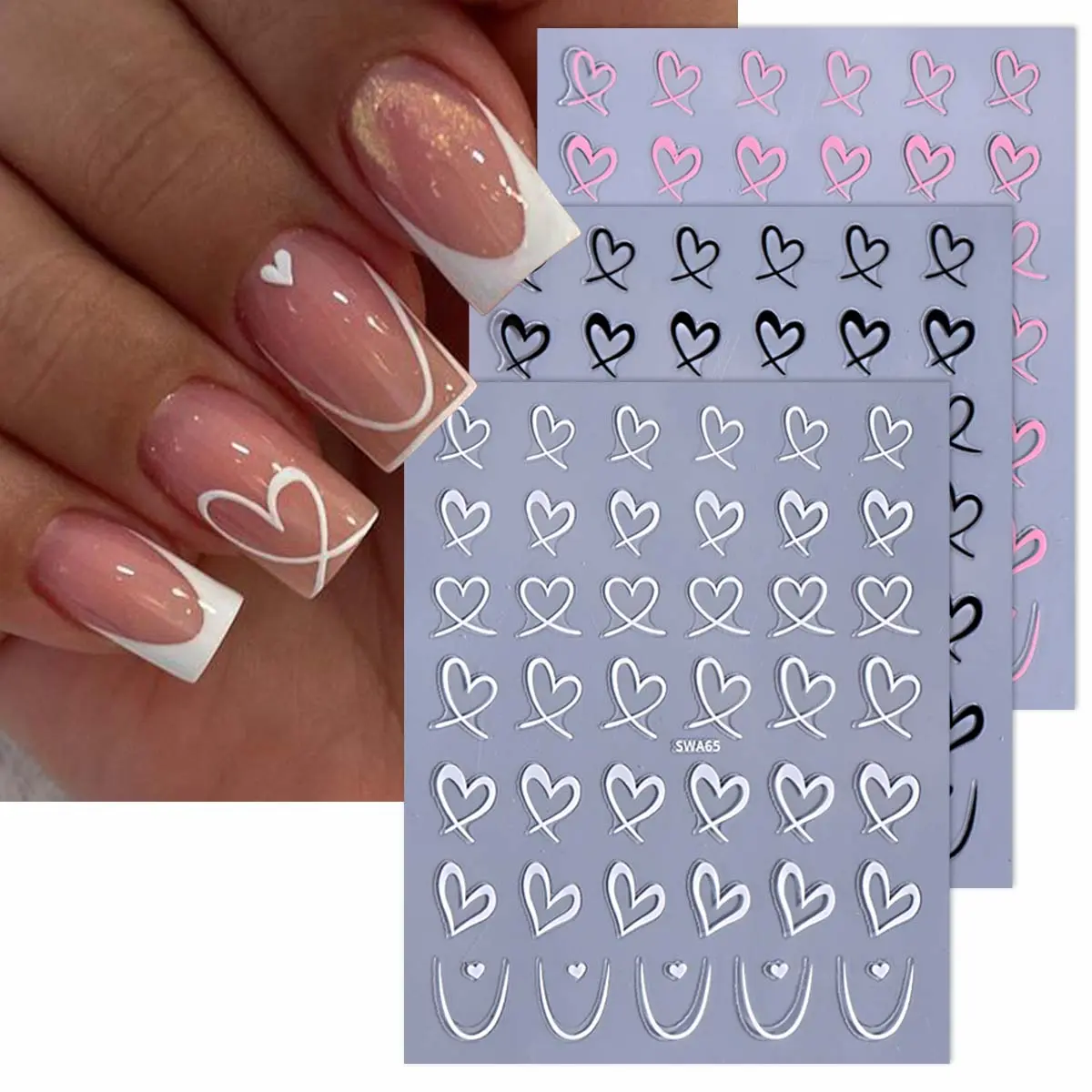3 Pcs Heart Valentine Nail Art Stickers, lack White Pink Heart Simple Romantic Design Self-Adhesive Nail Decals, Women's Beauty Nail Decoration, Nail Art Products, Nail Art Diy, Wedding Nails, Decals For Nails, Nail Art Sheet