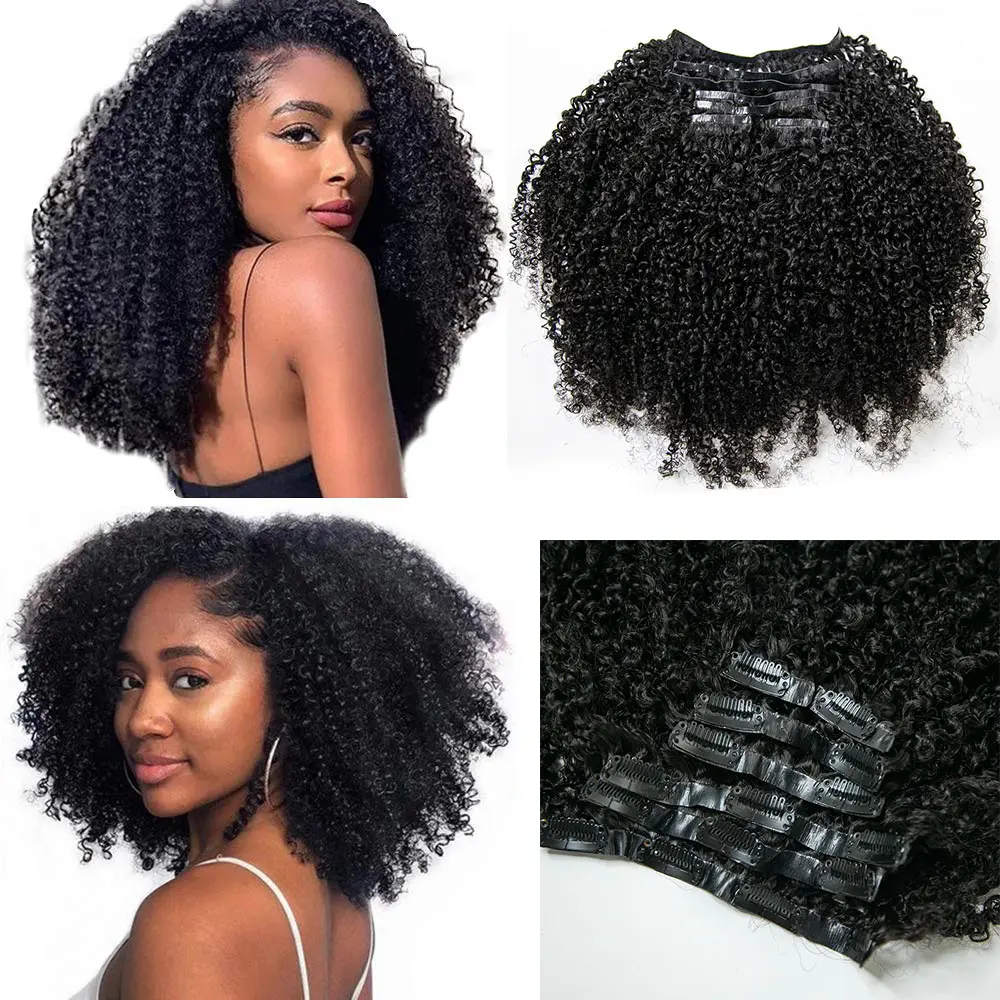 Kinky Curly Clip in Hair Extensions Real Human Hair Seamless PU Clip ins Hair Skin Weft 7pcs/set 120g PU Clip In Hair Extensions for Black Women Natural Black Afro Kinky Curly PU Clip Ins Virgin Hair PU Weft Invisible Edge 14-24 Inch