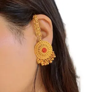 Gold Plated Godawari Earrings for Women with Intricate Design and Red Gemstone Centerpiece