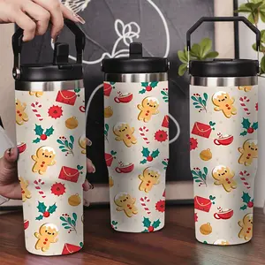 30oz Stainless Steel Insulated Tumbler with Leak-Proof Lid & Portable Handle - Cute gingerbread men and Christmas elements pattern,Long-Lasting Hot/Cold Insulation,Perfect for Car,Office,Travel and Christmas Gifts
