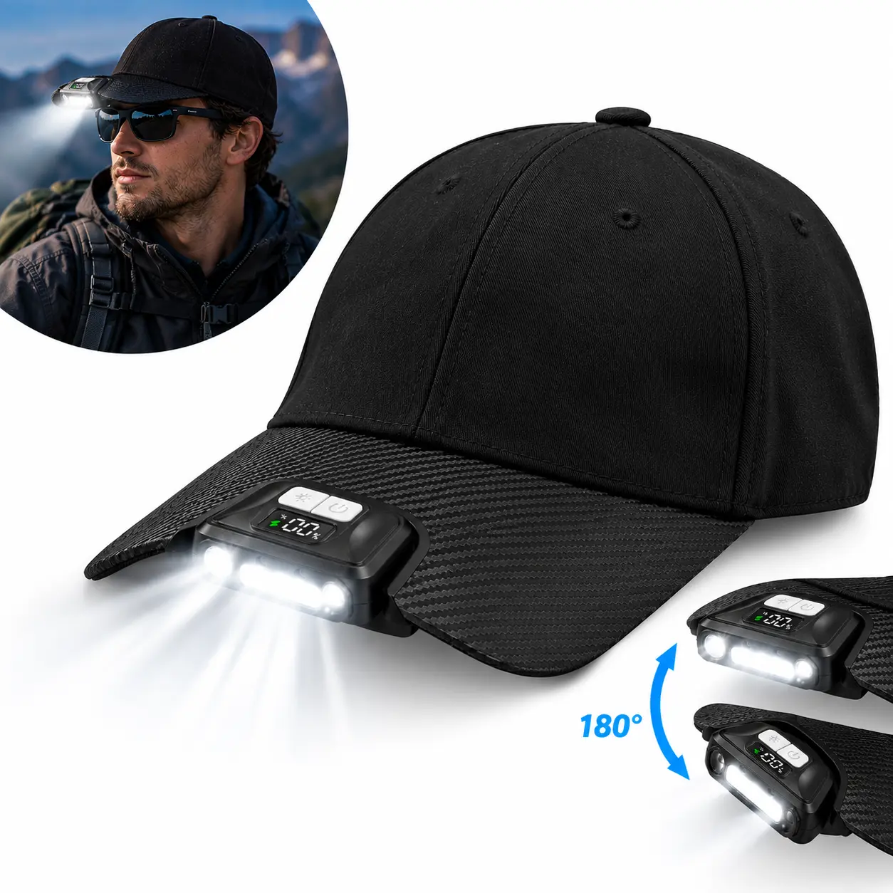 Baseball Cap with LED Light for Men Women, Smart Sensor Clip on Hat Light Rechargeable Hands-Free Headlamp for Night Fishing Camping Running hunting cap light clip on