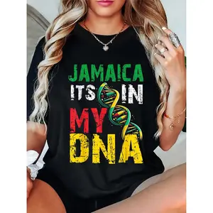 Women's 180g Black Cotton Crew Neck Short Sleeve Graphic Tee - 'Jamaica It's in My DNA' Colorful Print T-Shirt, Stylish Casual Jamaican Heritage Top, Comfortable Summer Shirt, Soft Fashionable Outfit, Ideal for Travel and Everyday Wear