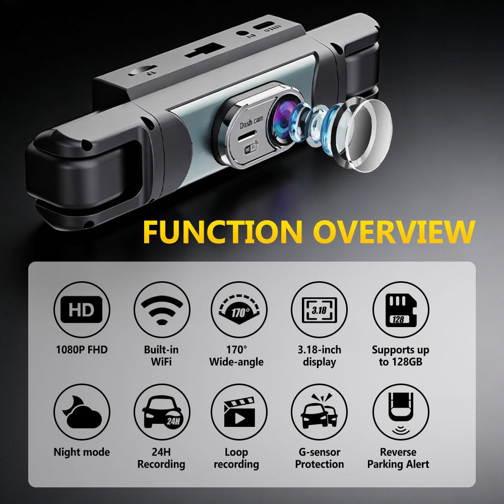 4 Channel Dash Cam 1080P FHD 360° Surround View, 3.18" IPS Display, Built-in 2.4GHz WiFi App Control, WDR, Loop Recording, Reverse Assist, 4 Lens Front Rear Inside Left Right Car Driving Recorder-YY