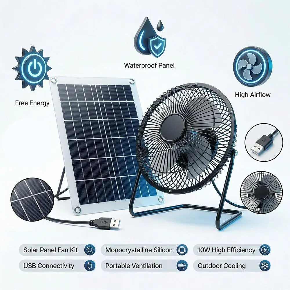 [FathersDayGift] 8 Inch Solar Powered Exhaust Fan, 15W 6V Energy Efficient USB Portable Ventilation Fan with High Conversion Monocrystalline Panel for Camping, RV