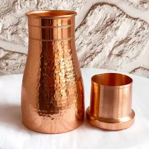 - Hammered Copper Carafe Pitcher - Pure Copper Water Bottle for Bedroom, , and Yoga - Heavy Duty Copper Vessel with Lid - 1000ml/34oz Capacity
