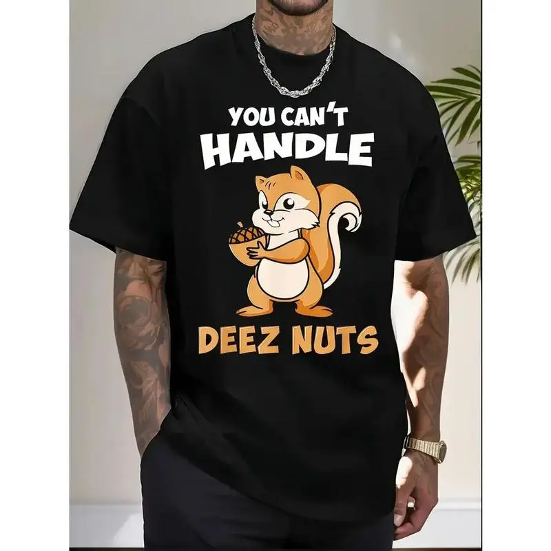 Men's Deez Nuts Joke Short-Sleeve T-Shirt - Round Neck, Casual Fashion Comfy Cotton Fabric, Funny Graphic, All Seasons Wear for Parties, Menswear Top Black