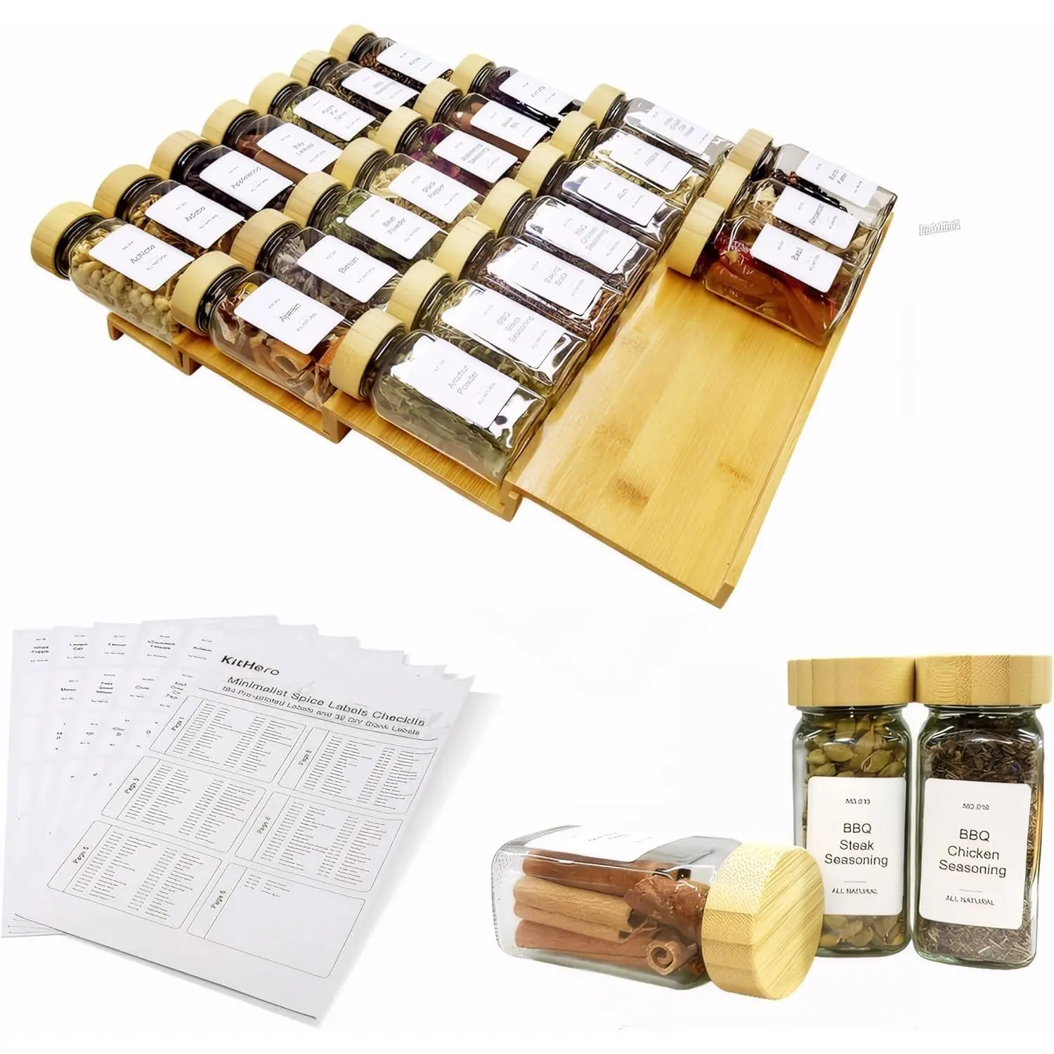 Durable Square-Shaped Kitchen Storage Spice Drawer Organizer Set - 4-Tier Sturdy Rack with 24 Lead-Free Glass Jars (Bamboo Lids), 216 Labels, Non-Slip Rubber Base, 13in Wide x 15.8in Deep Smooth Kitchen Drawer Accessory