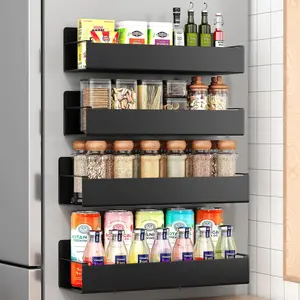 4 Pack Magnetic Spice Rack Organizer with Hooks for Refrigerator and Oven, Black Fridge Organizers and Storage for Kitchen