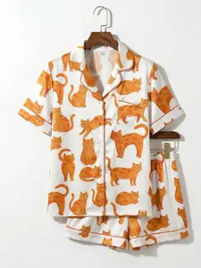 Gift for Cat Lover Pajamas, Cute Orange Cat Print Pajama Set, Funny Cat Mom Sleepwear, Cozy Cat Lover Gift for Her