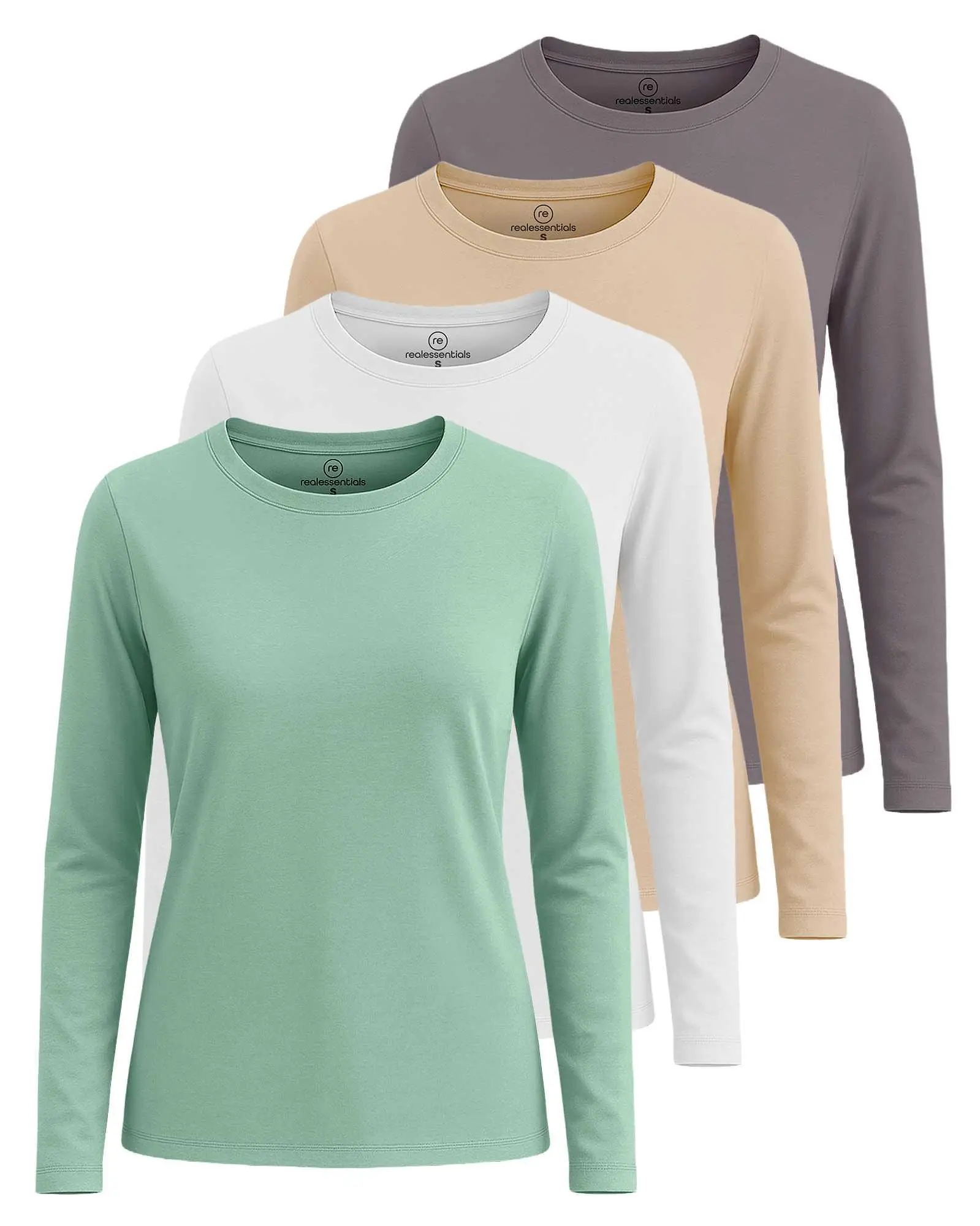 Real Essentials 4 Pack: Women's Cotton Classic-Fit Long-Sleeve Crewneck T-Shirt (Available in Plus Size)