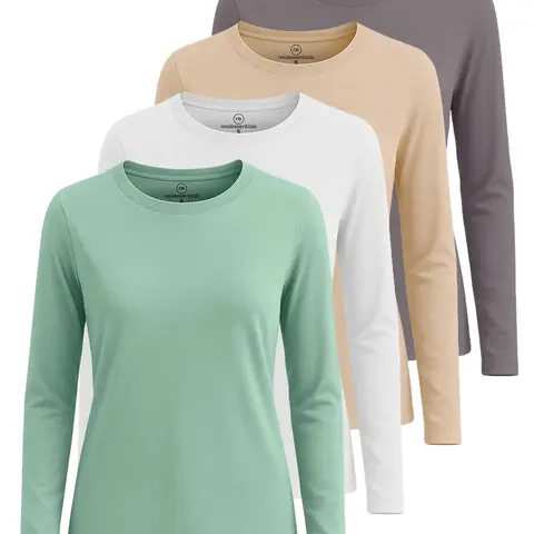 Real Essentials 4 Pack: Women's Cotton Classic-Fit Long-Sleeve Crewneck T-Shirt (Available in Plus Size)