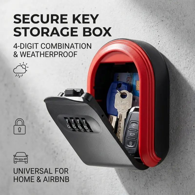 Secure Wall-Mounted Key Storage Box, Weatherproof 4-Digit Combination Lock Key Safe, Universal Key Holder for Home, Airbnb & Outdoor Use