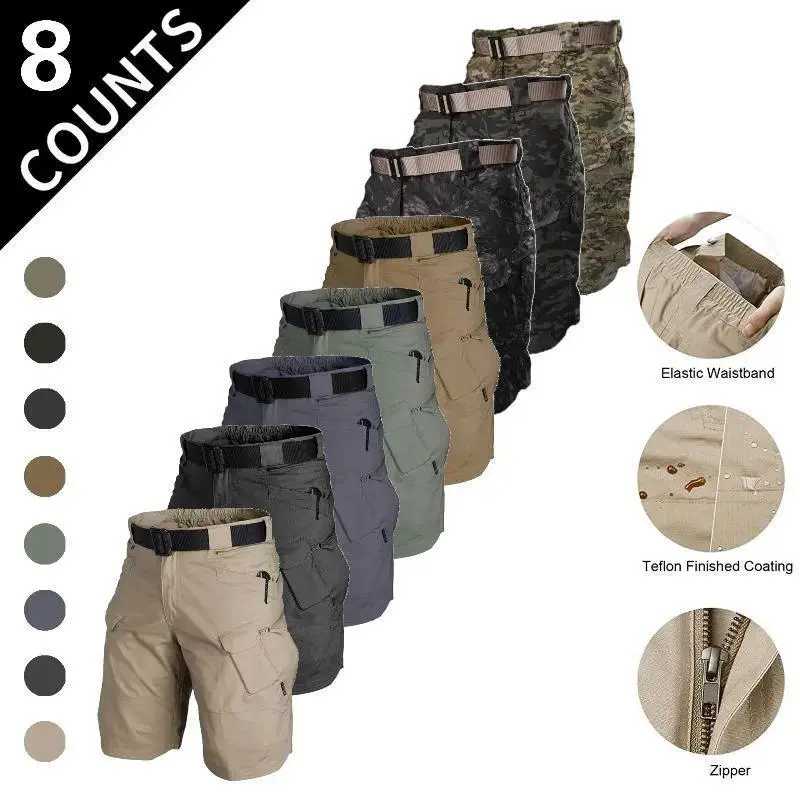 8-color Men's Water Resistant Tactical Shorts, Elastic Waist Multi-Pocket Cargo Shorts for Hiking, Fishing & Daily Wear