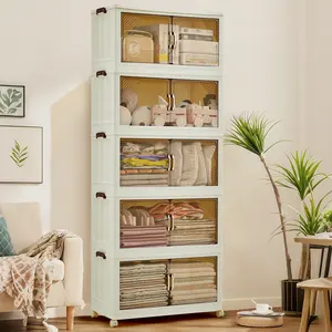 Stackable Storage Bins with Lid, Plastic Collapsible Clothing Storage Cabinet with Wheels, Armoire Clothes Organizer for Bedroom, Laundry Room