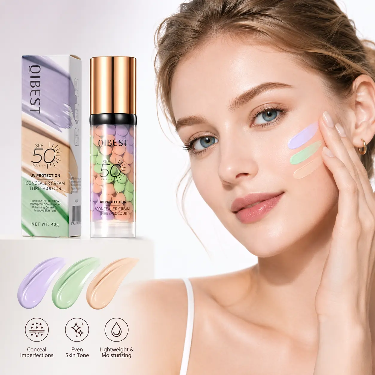 3-in-1 Color Correcting Facial Serum,Moisturizing Primer, , SPF 50 PA++ +Brightening Primer for Even Skin Tone, OilControl & Refreshing, Purple, Pink & GreenTones Makeup Cosmetic Hydrate Moisturizer Moisturizer