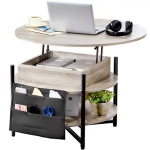 【Summervibes】VEVOR Lift Top Coffee Table, 35.3 in Round Coffee Table with Extra Storage Pockets, Pop Up Coffee Table for Living Room, White