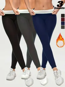 Women's Plus Size High-Waisted Fleece Lined Leggings, Warm Winter Pants, Stretchy Elastic Bottoms, Casual Plain Design