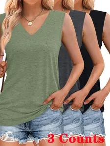 Women's V-Neck Sleeveless 3 Pieces Fitted Tank Shirts Top, Casual Plain Basic Design, Soft Comfortable Fabric, Perfect for Daily Wear, Versatile Fashion Choice Womenswear