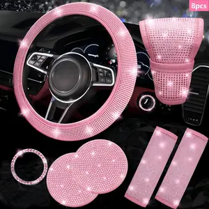 8-Piece Shiny Car Accessories Set, Steering Wheel Cover, Rhinestone Gear Shift Cover, Shoulder Safety Belt Cover, Full Diamond Cup Mat, Fits Most Cars