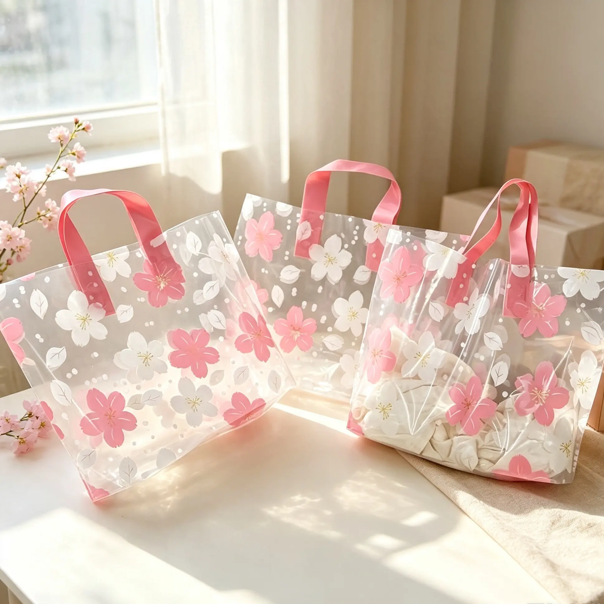 50Pcs fashionable and exquisite pink and white printed beautiful flower plastic bag packaging bag gift bag transparent and thickened, daily attendance party birthday wedding party, Christmas gifts for family and friends