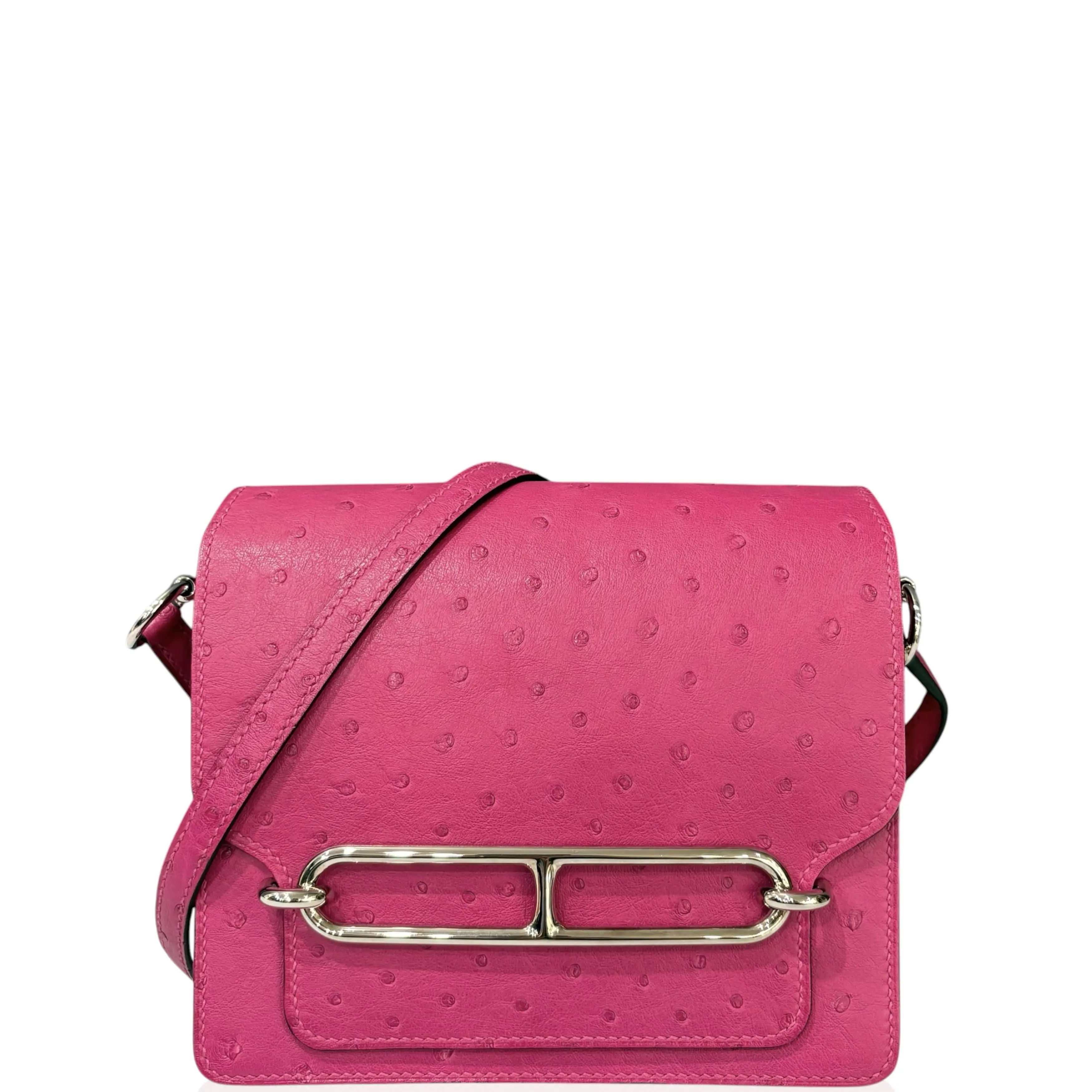 Pre-owned HERMÈS Leather tote bags Hermes Mini Roulis 19 Ostrich L3 Rose Pop/rose Pourpre (po060526a0)