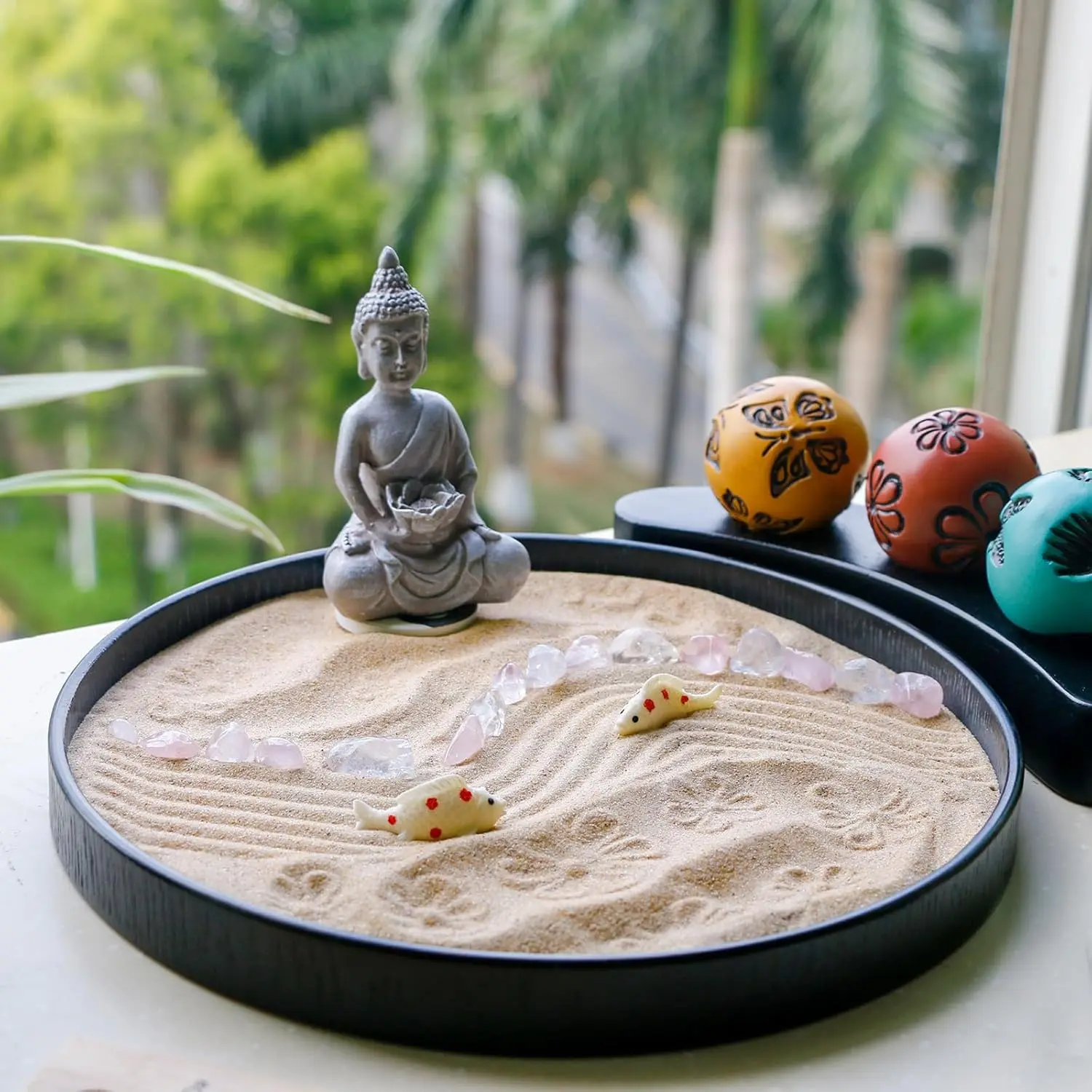 Japanese Meditation Buddha Zen Garden - Unique Desktop Miniature Crystal Rock Statue Sand Zen Garden Kit for Desk Sandbox w/Zen Rake Stamp Spheres Accessories Tools Healing Stone Home Office Relaxation Mini Cute Decor Gifts Religious Decoration Ornaments