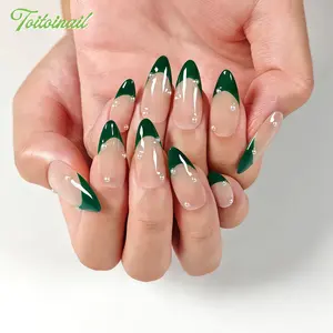 Jade Pearl Handmade Press‑On Nails | Medium Almond Shape, 10pcs | Nude Base with Deep Green French Tips, White & Silver Pearl Decor, Elegant Minimalist Aesthetic, Ideal for Daily & Formal Wear, Reusable False Nails