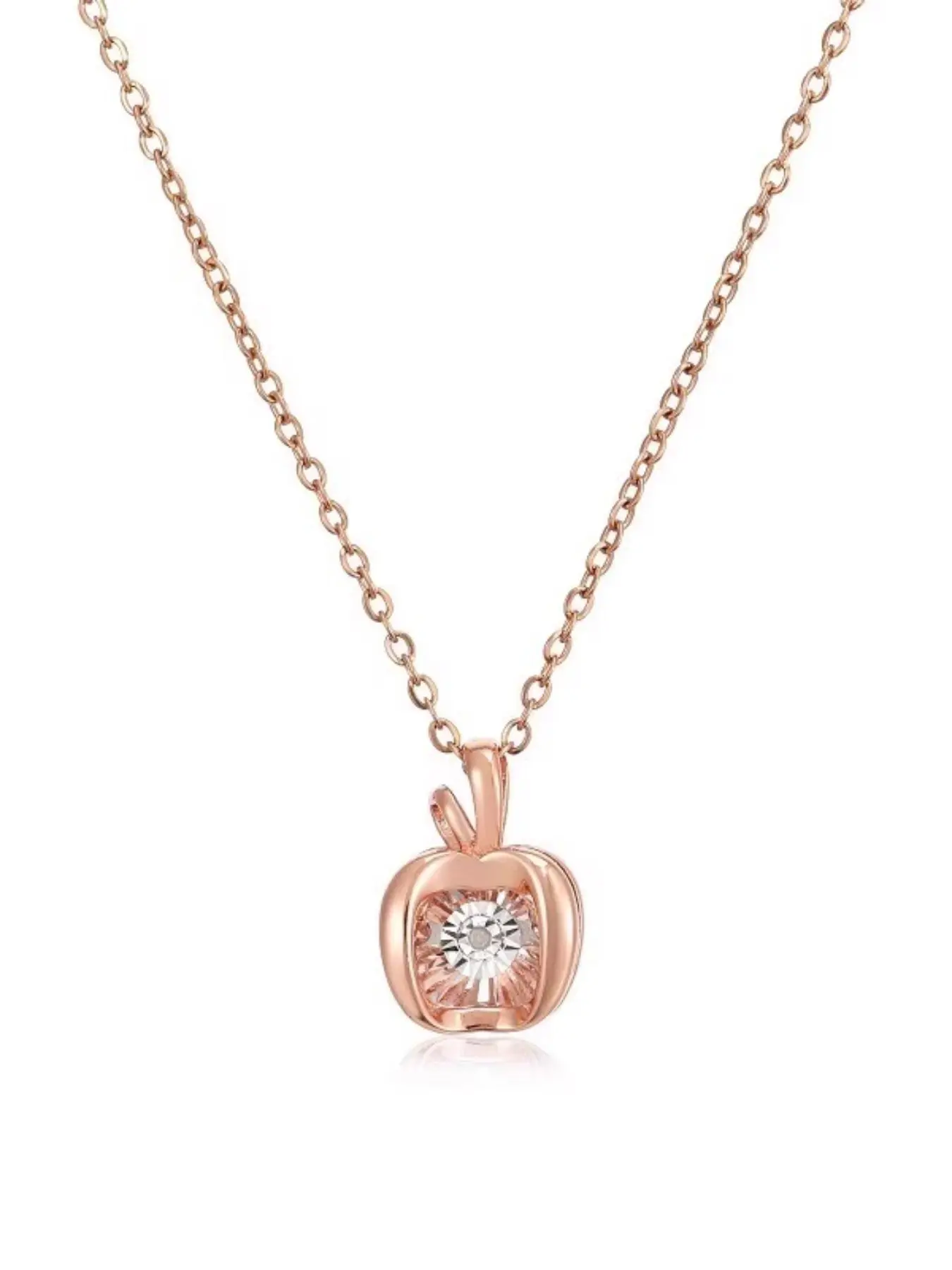 Elegant Rose Gold Natural Diamond Apple Necklace, 18k Gold Plated with Sparkling Diamonds, Perfect Gift for Mom, Wife, Girlfriend, Friend