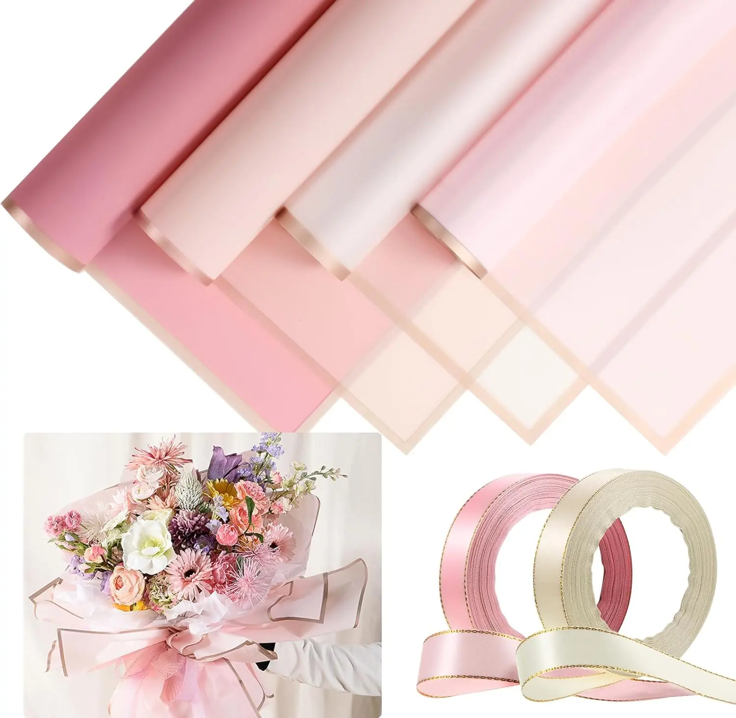 20-Count Rosy Floral Bouquet Wrap Wrapping Paper Sheets (23.6x23.6 inches, Multiple Colors, Smooth Glossy Finish, Beautiful Border), Double Satin Ribbons for Wedding Gifting, Office Stationery DIY Packaging Supplies