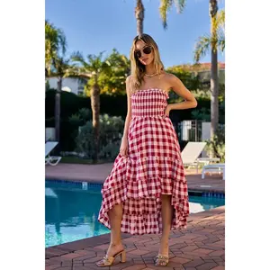 Women's Polyester Smocked Off-Shoulder Check Body Dress, Stretchy Hip-Flattering Comfortable Casual Dress
