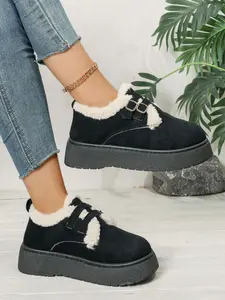 Women's Fall Winter Thick Sole Plush Lined Birkken Shoes, Comfortable Low Top Snow Boots, Casual Warm Footwear for Ladies