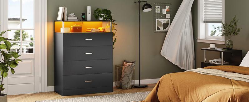 Sikaic 4 Drawers Led Tall Dresser Home Storage Cabinet with Charging Station for Bedroom Closet