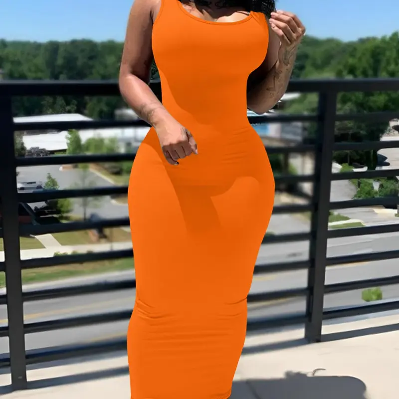 Women's Solid Color Square Neck Bodycon Dress, Fashion Casual Classy Elegant Sleeveless Long Dress for Daily Outdoor Wear, Women's Dress for Summer, Bodycon Stretch Dresses, Bodycon Slim Fit