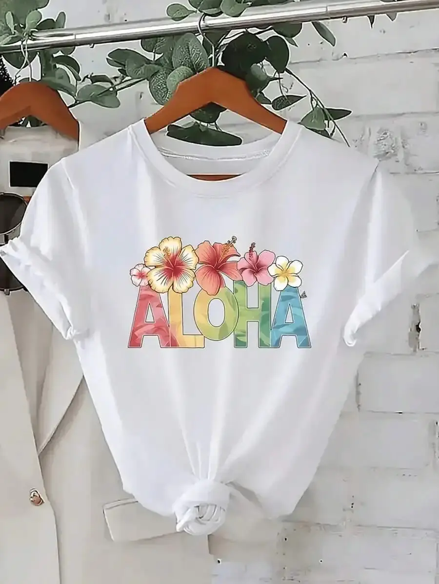 Women's Hawaiian T-Shirt - ALOHA Letter & Tropical Floral Print Short Sleeve Top,,T-Shirt- Oversized Casual Short Sleeve Round Neck Tee, Soft Breathable Fabric For Holiday Parties& Gift Giving