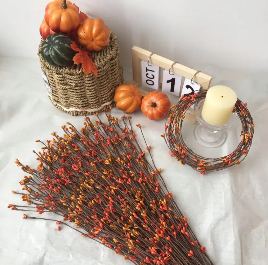 Orange Yellow Artificial Berry Stems, Autumn Beaded Branches for Vase, Thanksgiving & Halloween Decor