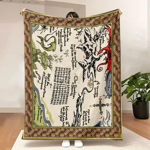 Inspired Fantasy Map Flannel Throw Blanket - Ornate Brown Border with Shire River, Hobbiton, Dragon, and Whimsical Creatures, Ideal for Fans of Middle-Earth Art, Perfect as a Cozy Throw or Gift