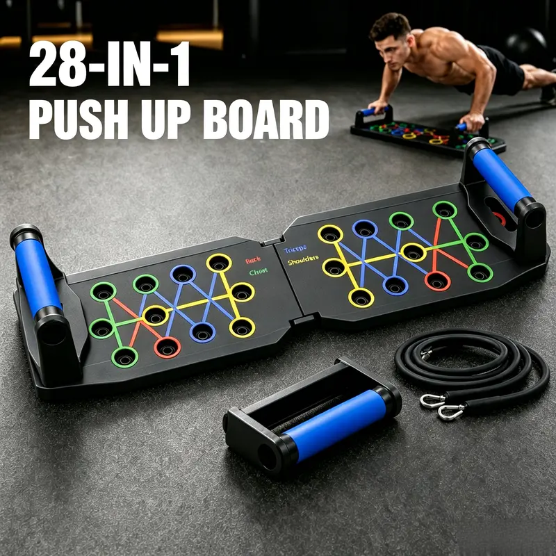 28-in-1 Push Up Board Kit with Resistance Bands - Multifunctional Fitness Equipment, Compact Size Home Workout Equipment, Unisex Exercise Gear, Portable Upper Body Strength-Building Tool for Fitness Enthusiasts