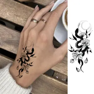 1pc Black Mystical Snake Flower And Moon Waterproof Temporary Tattoo Stickers For Men And Women, Suitable For Arm, Shoulder, Waist, And Leg Body Art, Party Gifts, Vacation Body Makeup Sticker Tattoos.