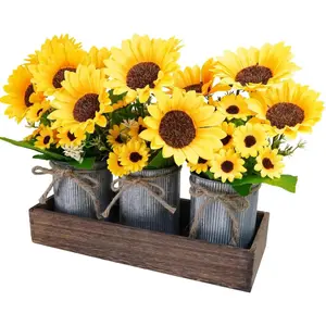 Set of 3 Artificial Sunflowers Metal Pot Centerpiece Farmhouse Sunflowers Floral Arrangements with Rectangle Wooden Planter 11" for Rustic Wedding Spring Summer Home Kitchen Table Shelf Décor