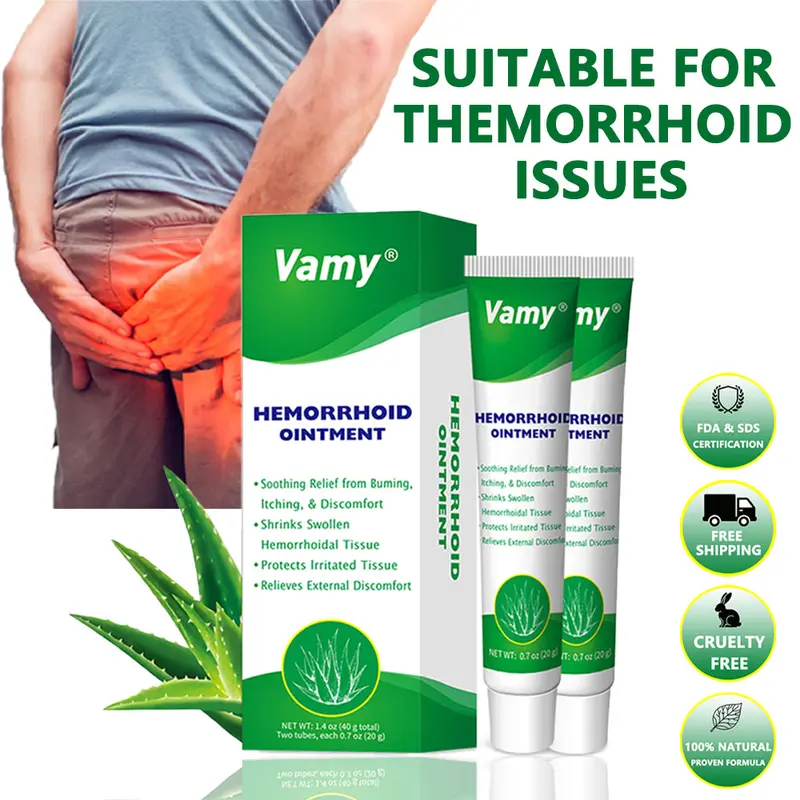 VAMY Organic Natural Hemorrhoid Treatment Cream (1.4 oz) - Aloe-Rich for Sensitive Skin, Gentle Relief for Pain, Itching, Swelling, Includes Finger Cots for Clean, Hygienic Use Fast-Acting