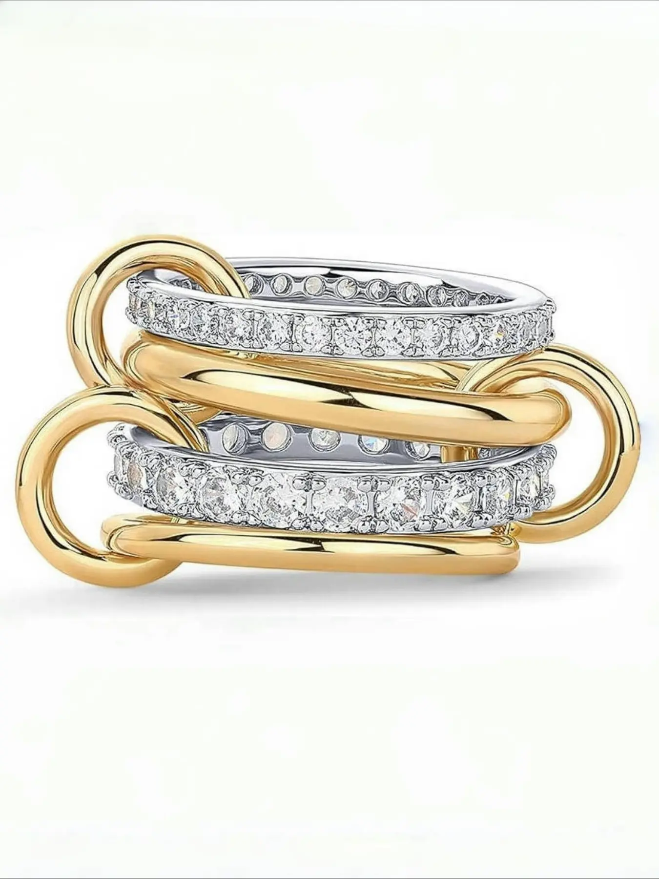 14K Gold Plated Interlocked Stackable Ring for Women - Premium Jewelry, Statement Mixed Metals Multi Ring Stack - Cubic Zirconia Two-Toned Connected Bands Stacking Jewelry, Fashion Stackable Rings - Artificial Zircon Ring, Wedding Ring Stack, Unique Rings