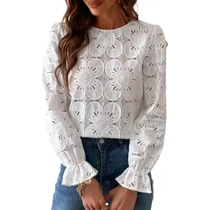 Eyelet Long Sleeve Tops Shirts Dressy Hollow Out Crochet Lace Embroidered Blouses Fashion Autumn Outfit Gala Camp Christmas T-Shirt with Wine Glass Design Slim Fit Ruffle Maxi Skirt High Waisted Cotton Maxi Skirt Fit Mock Turtleneck Vest Sheer Lace Crew N