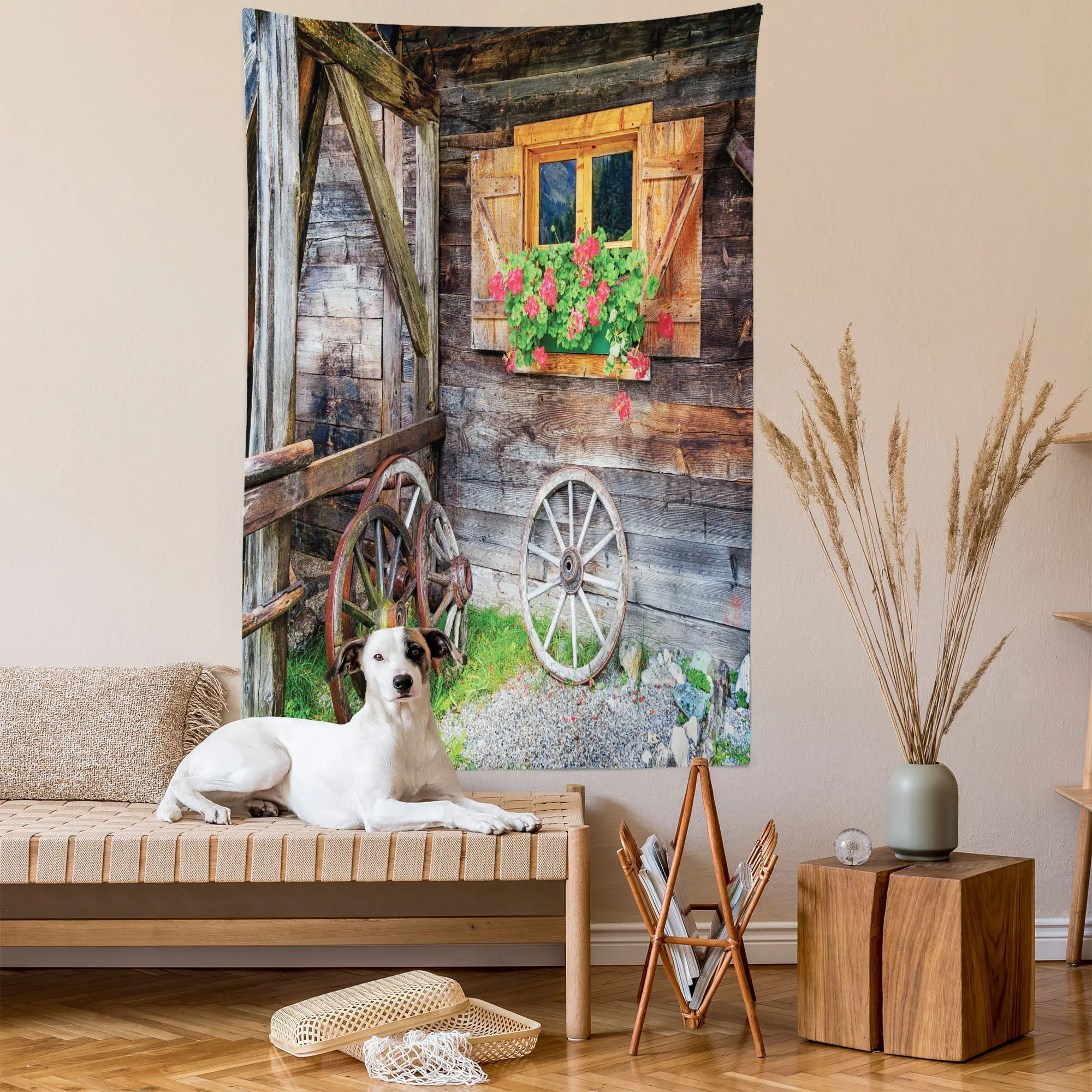 Shutters Tapestry, Weathered Window with Flowers in Pot Wheels Farmhouse Rural Scene Front View, Wall Hanging for Bedroom Living Room Dorm Decor, 40" X 60", Brown Green Red