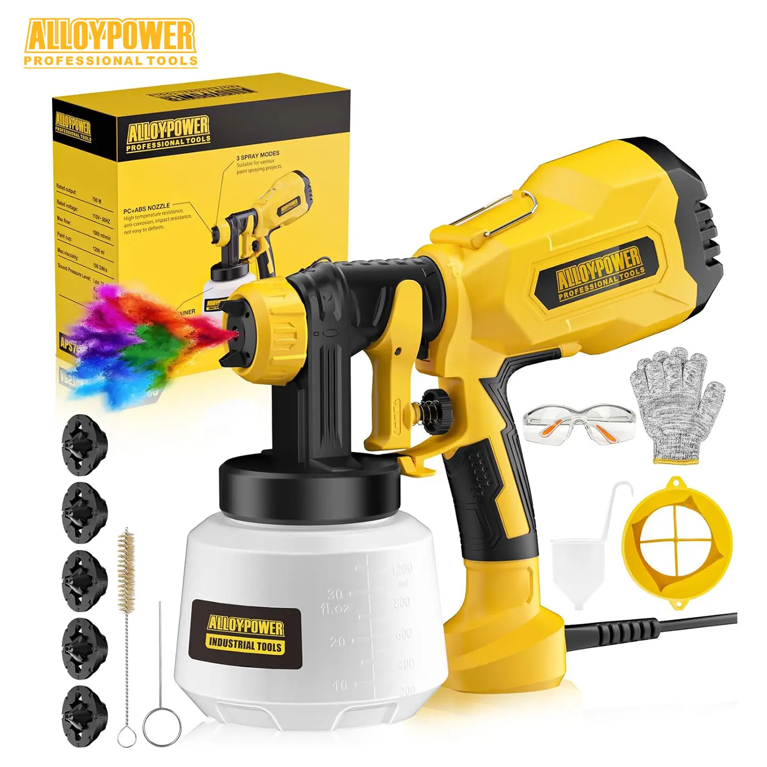 AlloyPower Paint Sprayer, 700W HVLP Electric Paint Sprayer, 5 Nozzles and 3 Patterns, with 1200ml Large Container Spray Gun, Easy to Clean, Paint spra