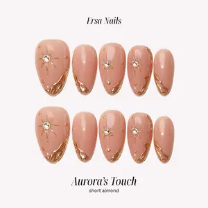 ErsaNails AURORA'S TOUCH - Short Almond 10 PCS Handmade Press On Nails | Rhine Stone, Chrome