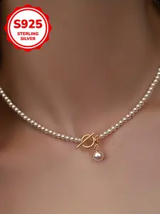 Women's Faux Pearl Ot Clasp Choker Necklace, Drop Necklace, Elegant Simple Style, Hypoallergenic 925 Silver, Ideal for Daily Wear, Party, Holiday Gifts